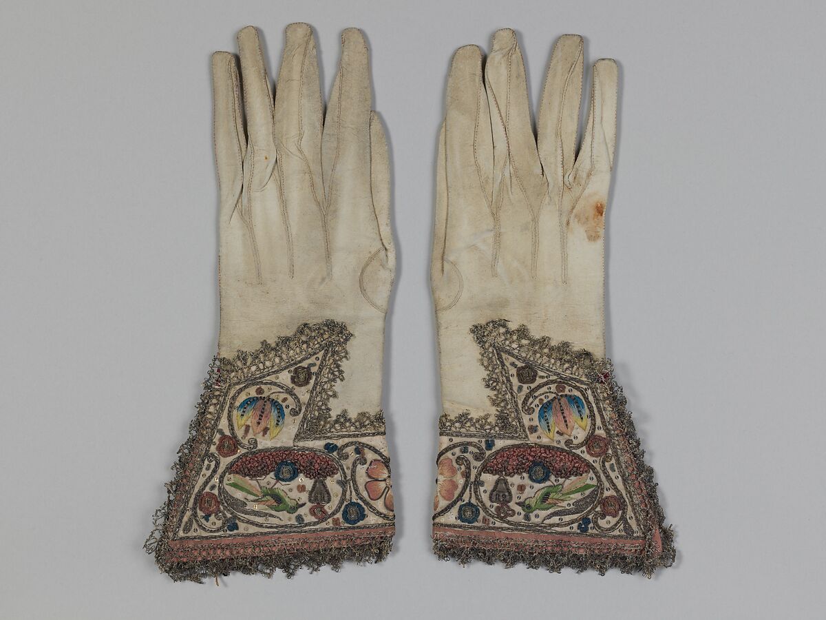 Gloves, Leather; silk worked with silk and metal threads, spangles; long-and-short, knot, satin, and couching stitches; metal thread bobbin lace, British or Dutch 