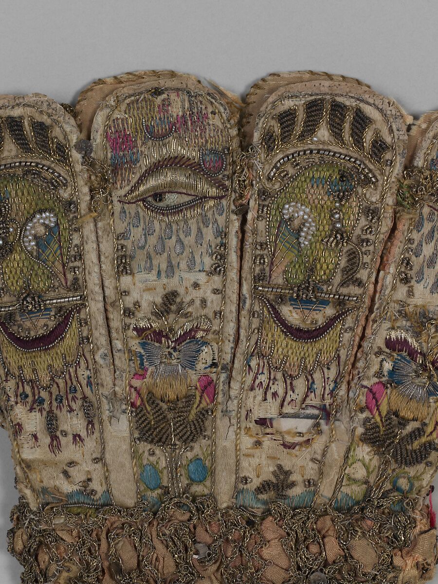 Pair of gloves, Leather, satin worked with silk and precious metal thread, seed pearls; satin, couching, and darning stitches; metal bobbin lace; paper, British