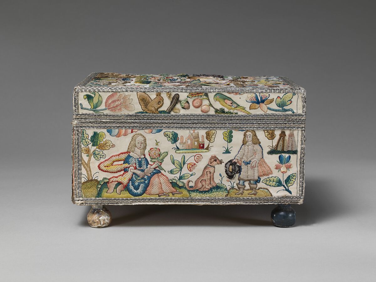 Cabinet with personifications of the Five Senses, Satin worked with silk and metal thread, purl, chenille, seed pearls, coral beads, and mica; tent, knots, rococo, satin, couching, and detached buttonhole stitches; woven metal thread trim; silk and paper lining; wood frame; turned wooden feet, British 
