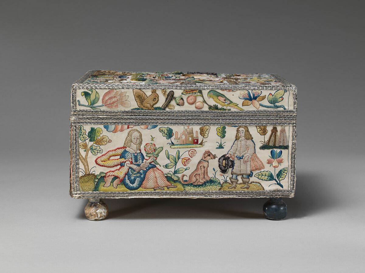 Cabinet with personifications of the Five Senses, Satin worked with split stitch, running stitch, double running stitch, silk and metal thread, purl, chenille, seed pearls, coral beads, and mica; tent, knots, rococo, satin, couching, and detached buttonhole stitches; woven metal thread trim; silk and paper lining; wood frame; turned wooden feet, British 