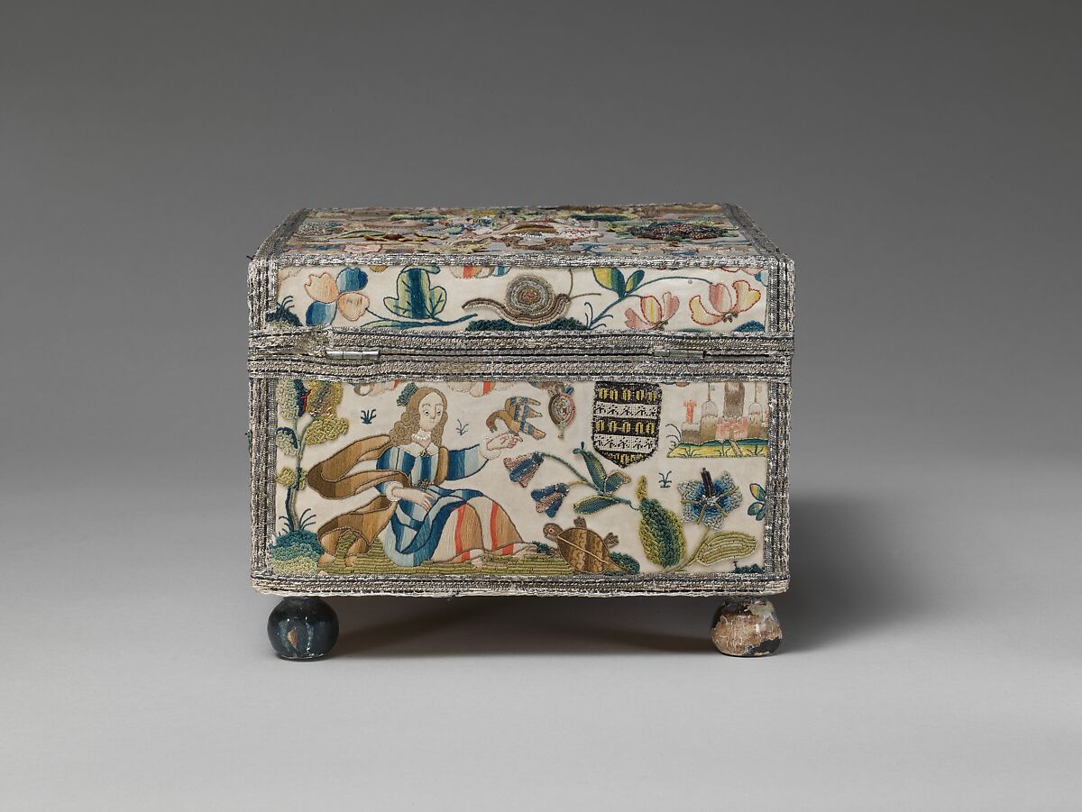 Cabinet with personifications of the Five Senses, Satin worked with silk and metal thread, purl, chenille, seed pearls, coral beads, and mica; tent, knots, rococo, satin, couching, and detached buttonhole stitches; woven metal thread trim; silk and paper lining; wood frame; turned wooden feet, British