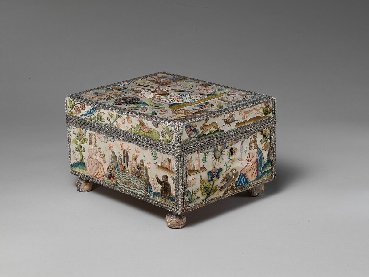 Cabinet with personifications of the Five Senses, Satin worked with silk and metal thread, purl, chenille, seed pearls, coral beads, and mica; tent, knots, rococo, satin, couching, and detached buttonhole stitches; woven metal thread trim; silk and paper lining; wood frame; turned wooden feet, British