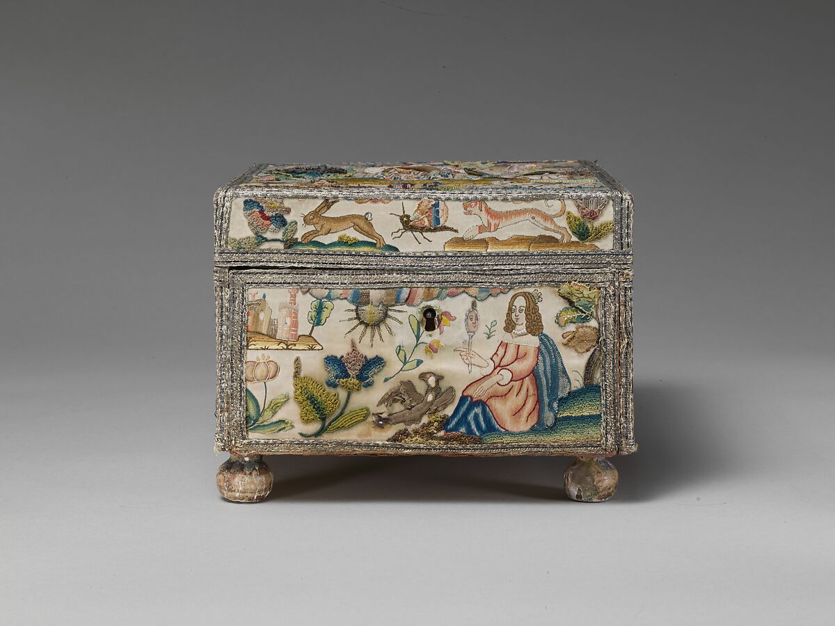 Cabinet with personifications of the Five Senses, Satin worked with silk and metal thread, purl, chenille, seed pearls, coral beads, and mica; tent, knots, rococo, satin, couching, and detached buttonhole stitches; woven metal thread trim; silk and paper lining; wood frame; turned wooden feet, British