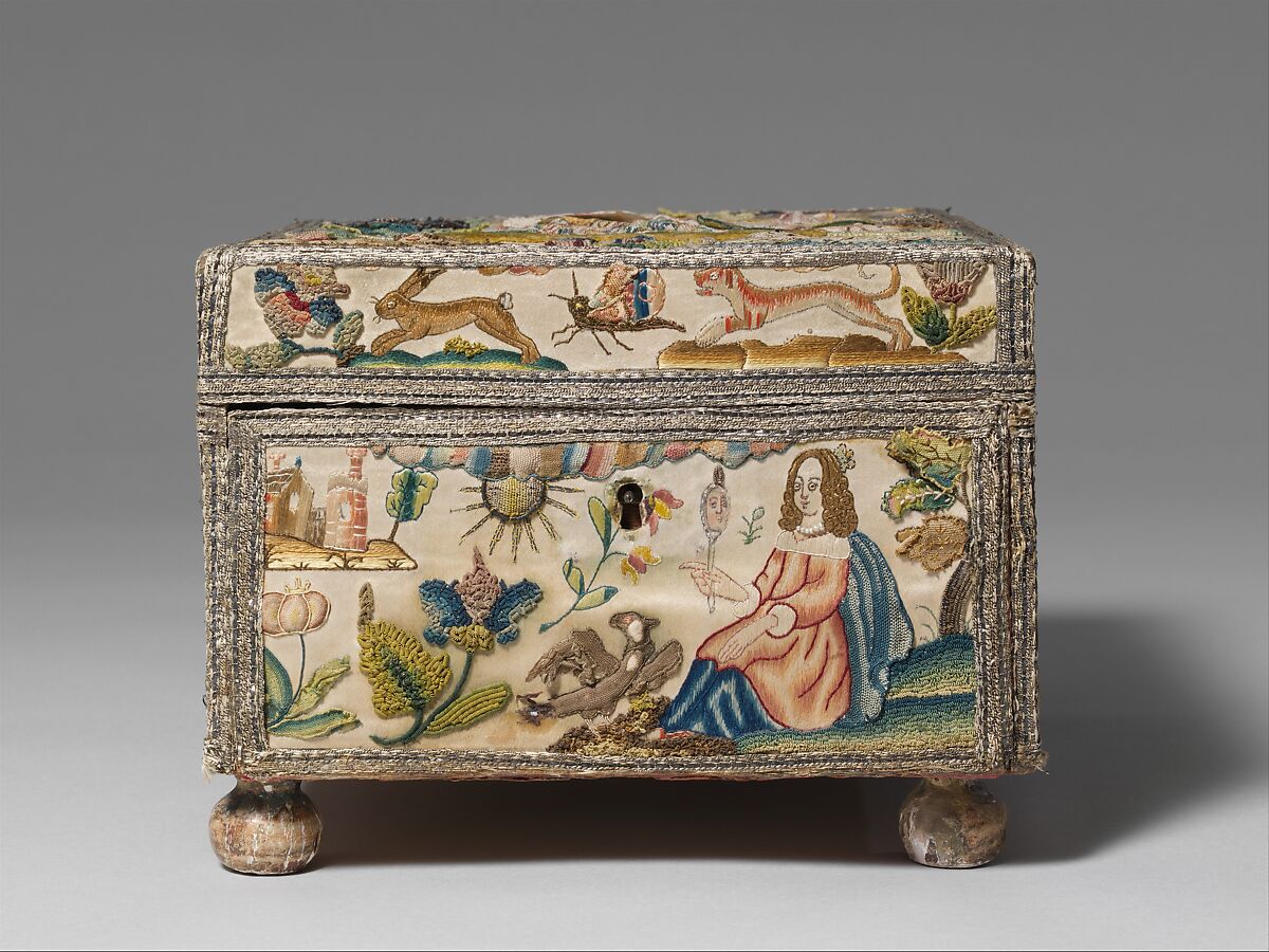 Cabinet with personifications of the Five Senses, Satin worked with silk and metal thread, purl, chenille, seed pearls, coral beads, and mica; tent, knots, rococo, satin, couching, and detached buttonhole stitches; woven metal thread trim; silk and paper lining; wood frame; turned wooden feet, British
