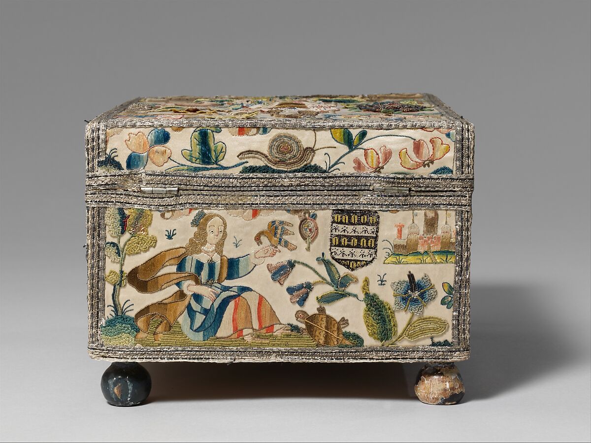 Cabinet with personifications of the Five Senses, Satin worked with silk and metal thread, purl, chenille, seed pearls, coral beads, and mica; tent, knots, rococo, satin, couching, and detached buttonhole stitches; woven metal thread trim; silk and paper lining; wood frame; turned wooden feet, British