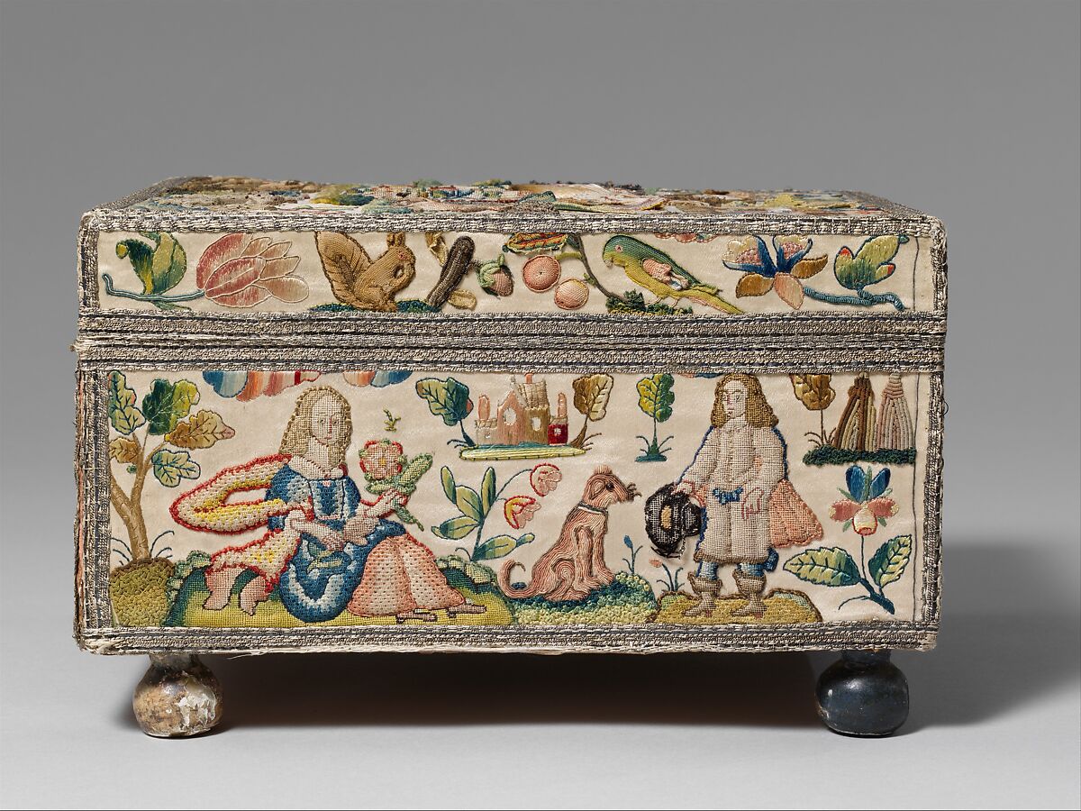 Cabinet with personifications of the Five Senses, Satin worked with silk and metal thread, purl, chenille, seed pearls, coral beads, and mica; tent, knots, rococo, satin, couching, and detached buttonhole stitches; woven metal thread trim; silk and paper lining; wood frame; turned wooden feet, British