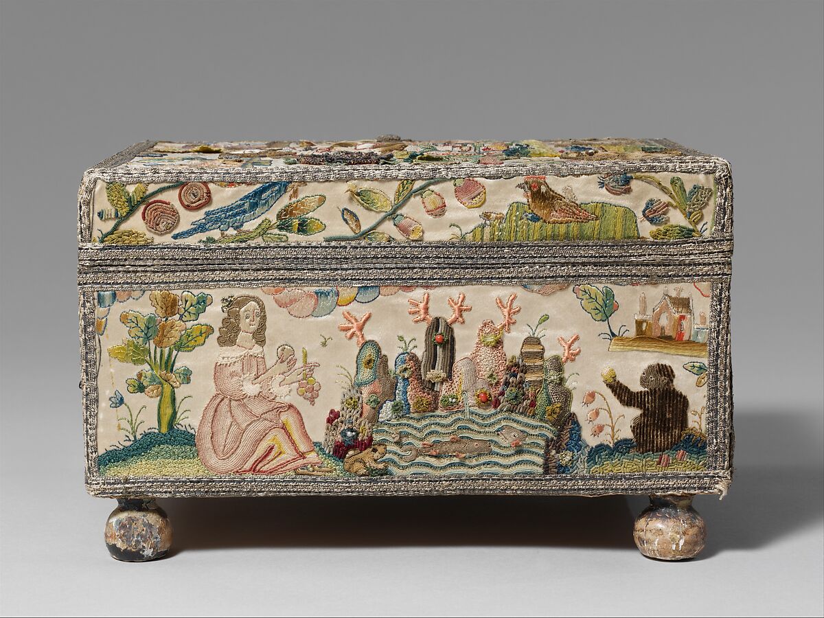 Cabinet with personifications of the Five Senses, Satin worked with silk and metal thread, purl, chenille, seed pearls, coral beads, and mica; tent, knots, rococo, satin, couching, and detached buttonhole stitches; woven metal thread trim; silk and paper lining; wood frame; turned wooden feet, British