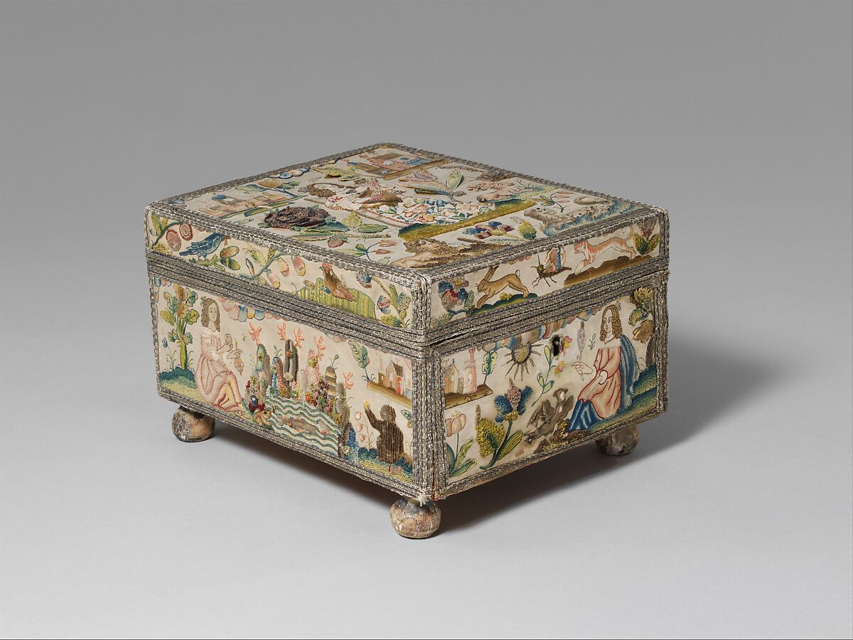 Cabinet with personifications of the Five Senses, Satin worked with silk and metal thread, purl, chenille, seed pearls, coral beads, and mica; tent, knots, rococo, satin, couching, and detached buttonhole stitches; woven metal thread trim; silk and paper lining; wood frame; turned wooden feet, British