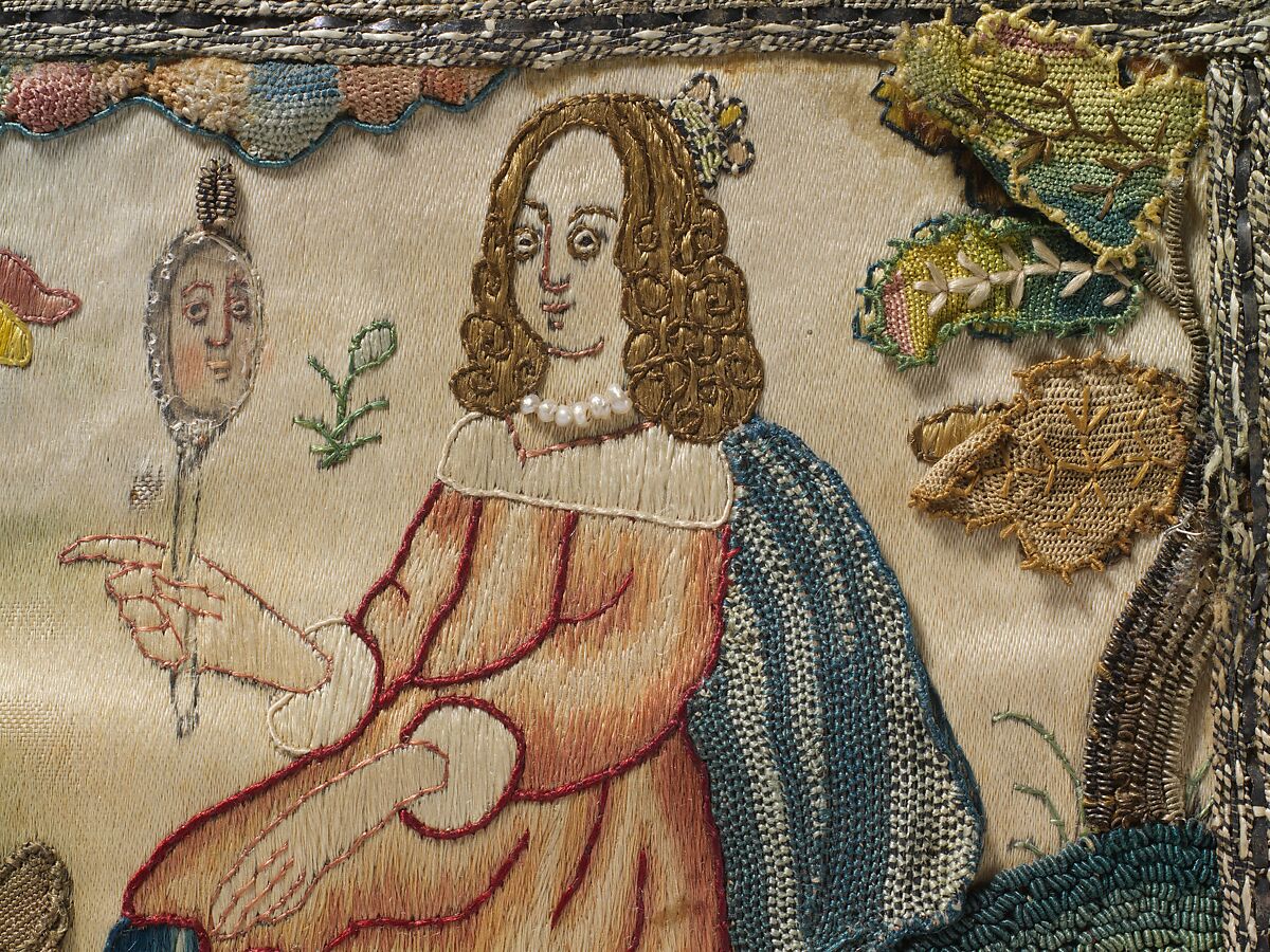 Cabinet with personifications of the Five Senses, Satin worked with silk and metal thread, purl, chenille, seed pearls, coral beads, and mica; tent, knots, rococo, satin, couching, and detached buttonhole stitches; woven metal thread trim; silk and paper lining; wood frame; turned wooden feet, British