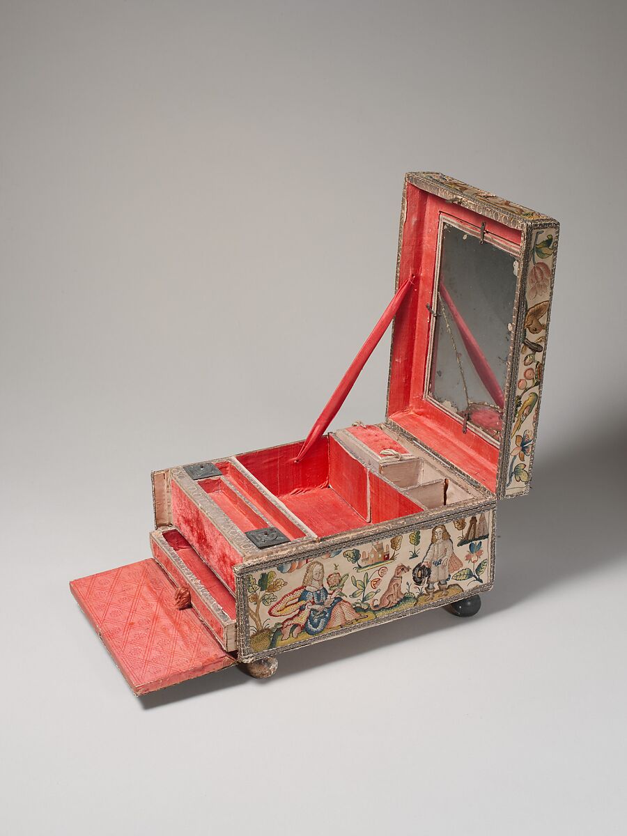 Cabinet with personifications of the Five Senses, Satin worked with silk and metal thread, purl, chenille, seed pearls, coral beads, and mica; tent, knots, rococo, satin, couching, and detached buttonhole stitches; woven metal thread trim; silk and paper lining; wood frame; turned wooden feet, British