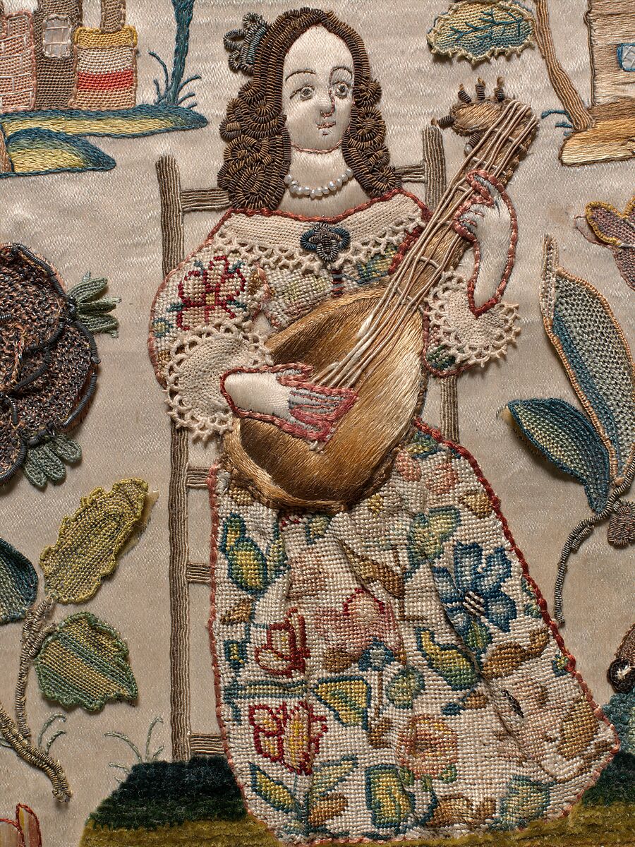 Cabinet with personifications of the Five Senses, Satin worked with silk and metal thread, purl, chenille, seed pearls, coral beads, and mica; tent, knots, rococo, satin, couching, and detached buttonhole stitches; woven metal thread trim; silk and paper lining; wood frame; turned wooden feet, British