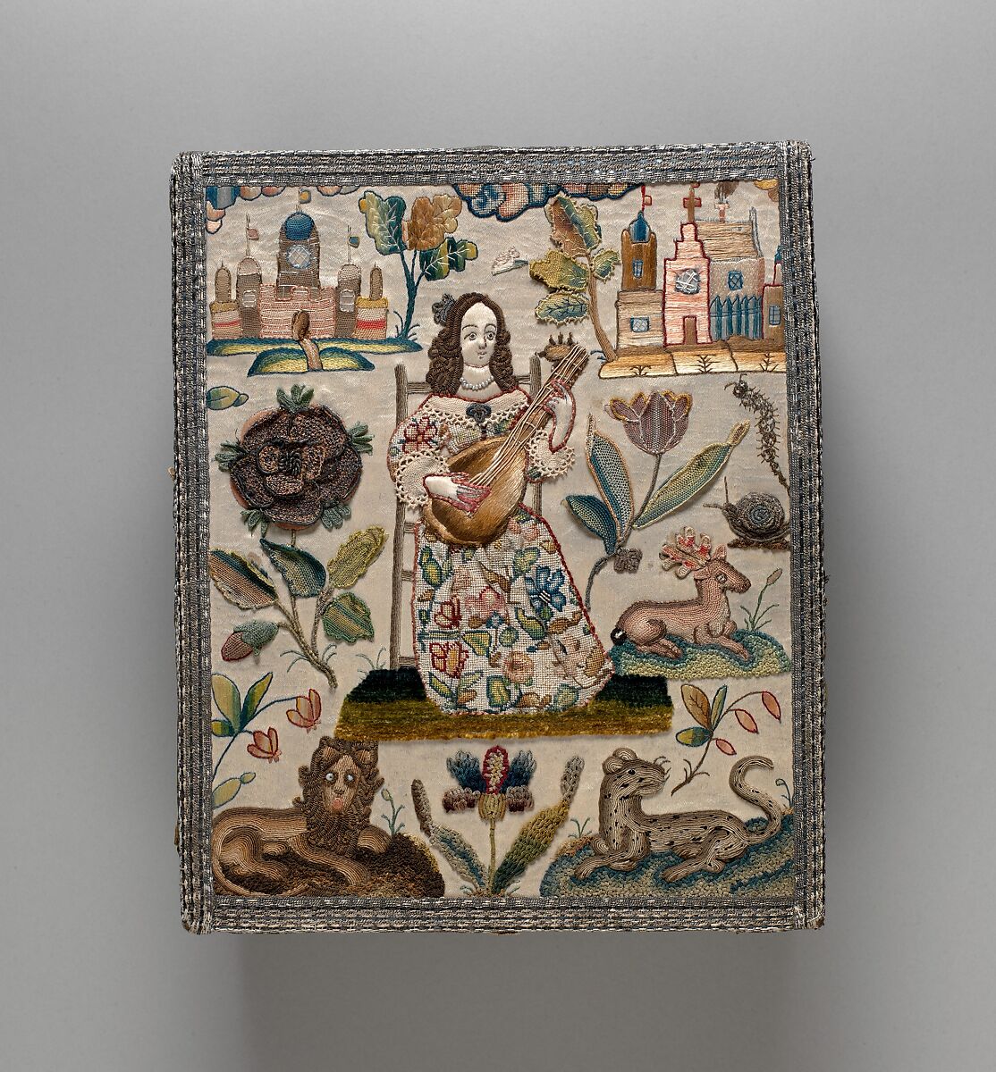 Cabinet with personifications of the Five Senses, Satin worked with silk and metal thread, purl, chenille, seed pearls, coral beads, and mica; tent, knots, rococo, satin, couching, and detached buttonhole stitches; woven metal thread trim; silk and paper lining; wood frame; turned wooden feet, British
