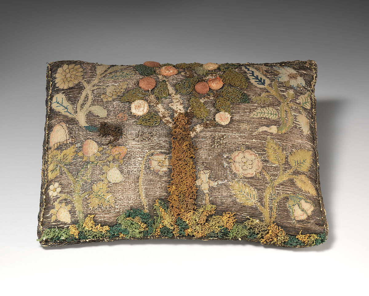 Cushion, Silk and metal thread on canvas, British 