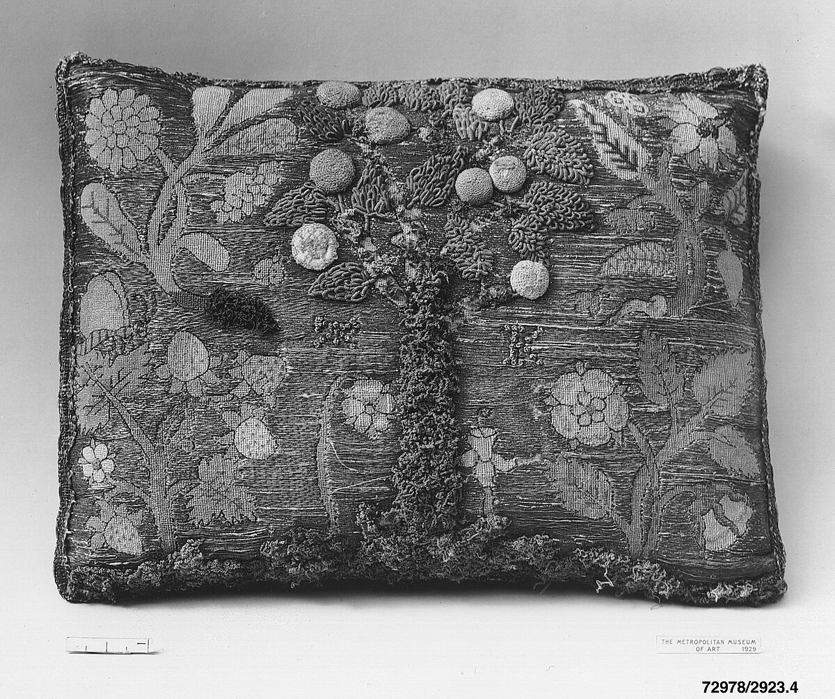 Cushion, Silk and metal thread on canvas, British