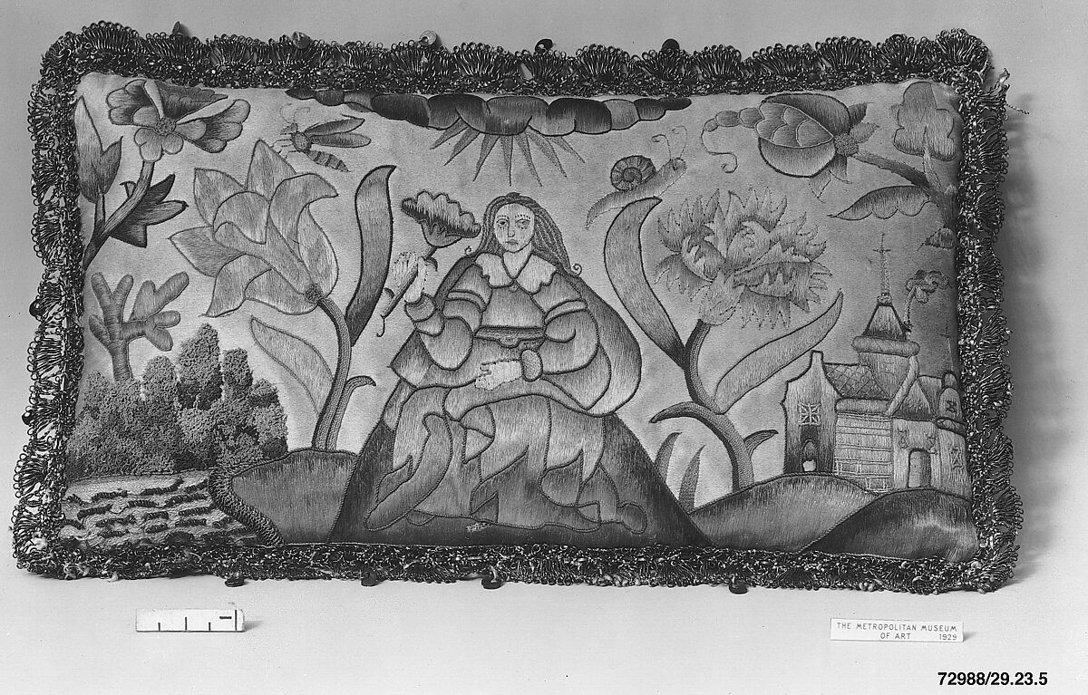 Cushion, Silk on satin, British