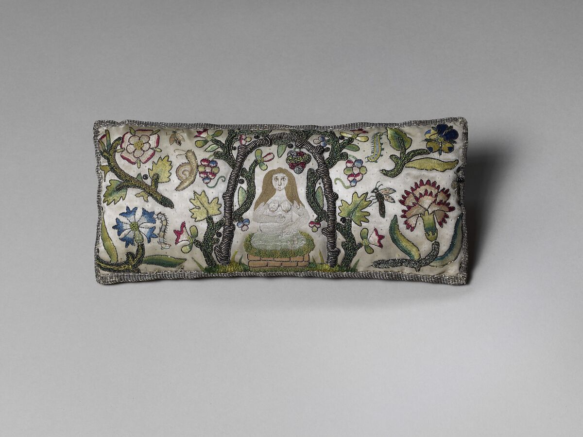 Cushion, Satin worked with silk and metal thread; long-and-short, satin, split, and couching stitches, British