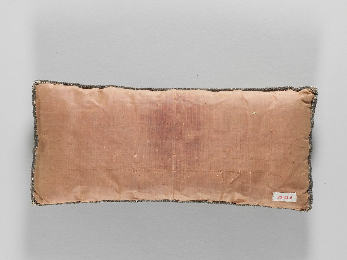 Cushion, Satin worked with silk and metal thread; long-and-short, satin, split, and couching stitches, British