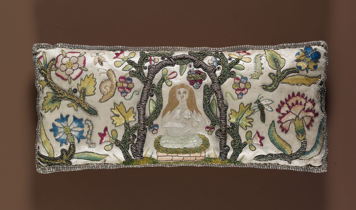Cushion, Satin worked with silk and metal thread; long-and-short, satin, split, and couching stitches, British