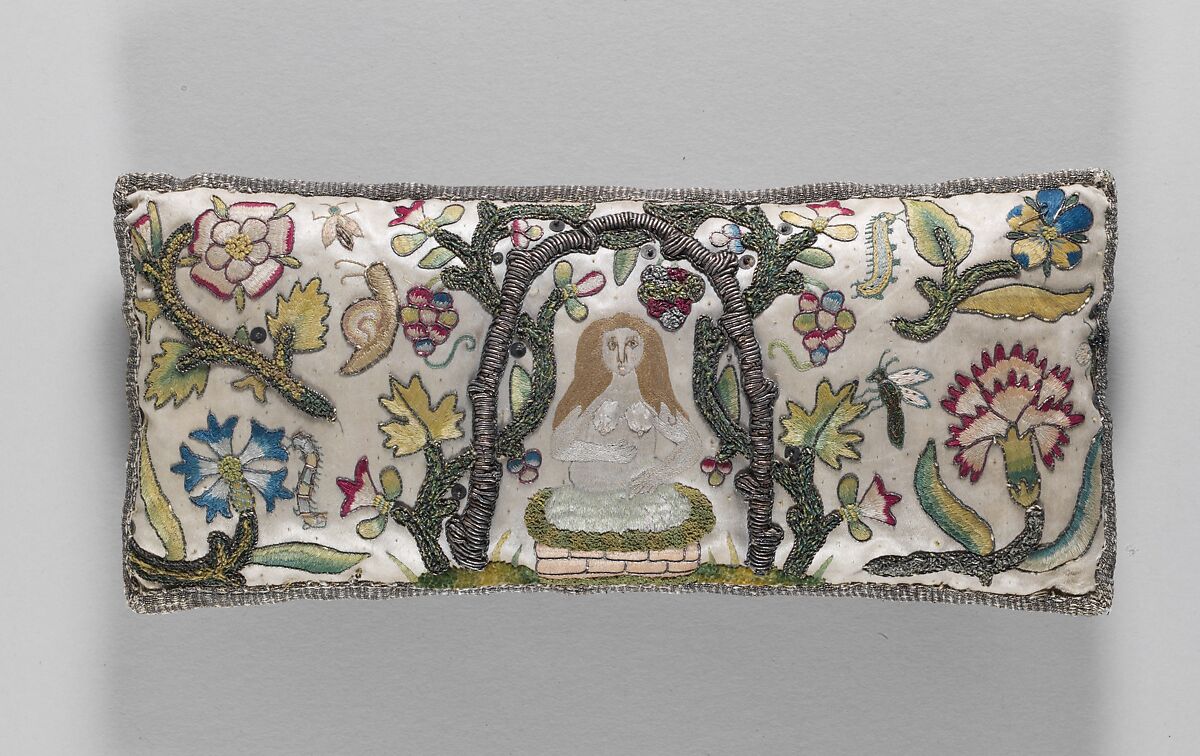 Cushion, Satin worked with silk and metal thread; long-and-short, satin, split, and couching stitches, British 
