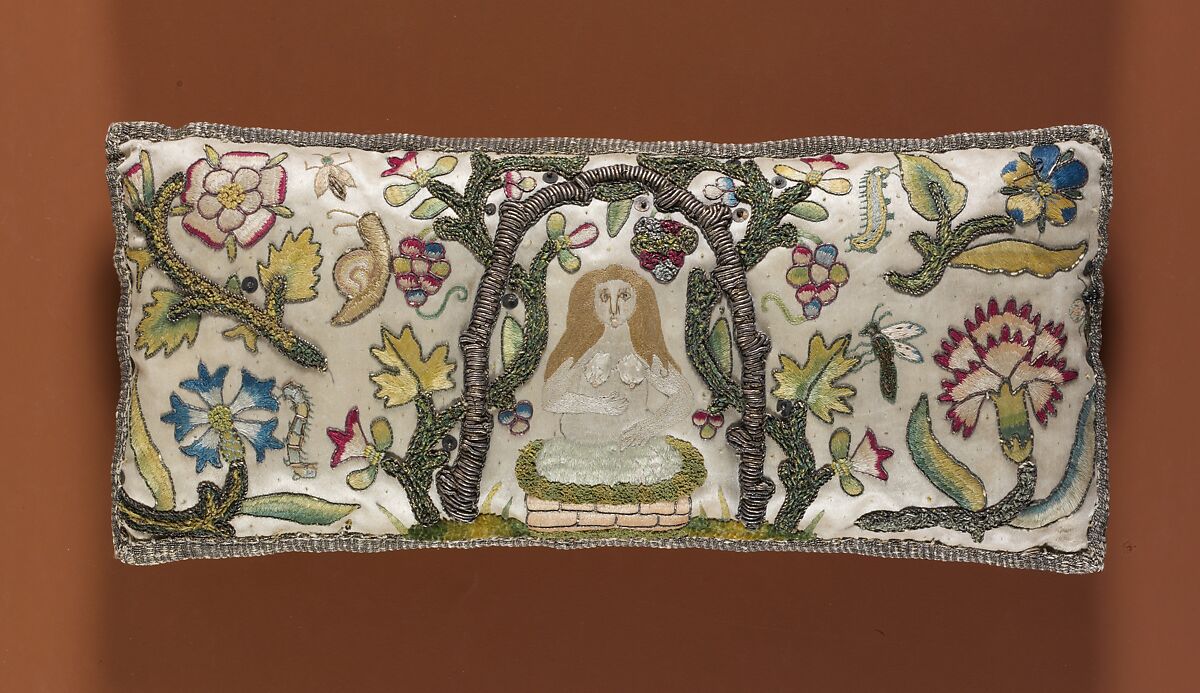 Cushion, Satin worked with silk and metal thread; long-and-short, satin, split, and couching stitches, British