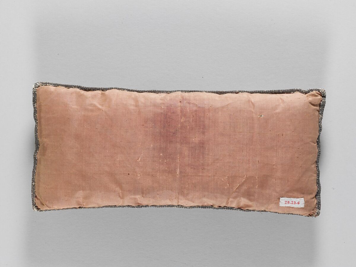 Cushion, Satin worked with silk and metal thread; long-and-short, satin, split, and couching stitches, British