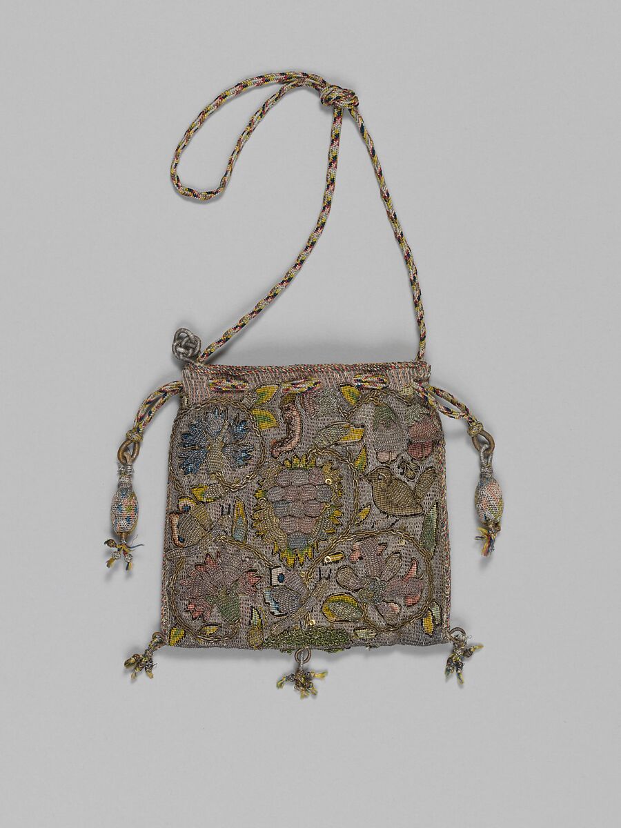 Purse, Canvas worked with silk and metal thread, glass beads, spangles; Gobelin, tent, and detached buttonhole stitches; silk cord and silk and metal thread tassels, British 