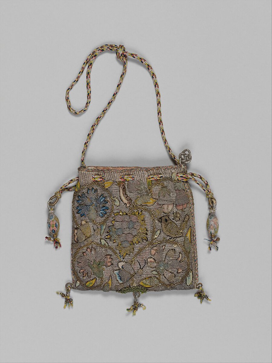 Purse, Canvas worked with silk and metal thread, glass beads, spangles; Gobelin, tent, and detached buttonhole stitches; silk cord and silk and metal thread tassels, British