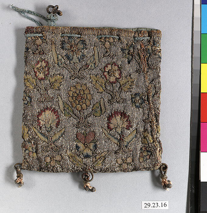 Bag, Silk and metal thread on canvas, British 