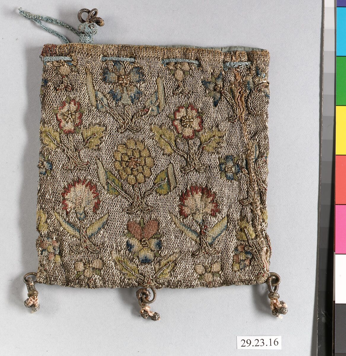 Bag, Silk and metal thread on canvas, British