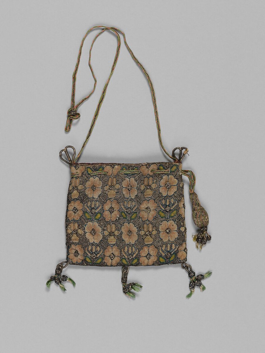 Purse, Canvas worked with silk and metal thread; Gobelin, tent, knots and plaited braid stitches, silk and metal thread cord and tassels, British 