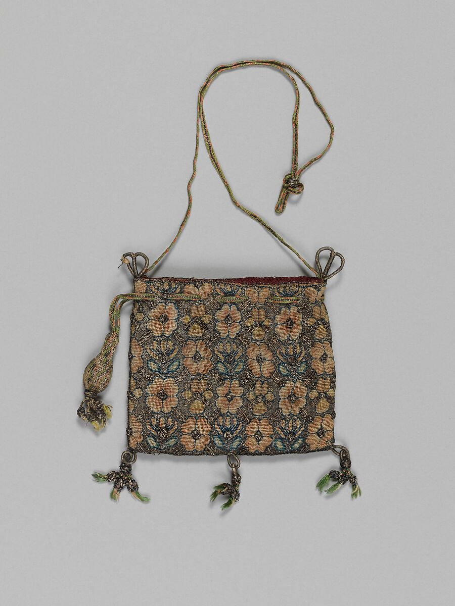 Purse, Canvas worked with silk and metal thread; Gobelin, tent, knots and plaited braid stitches, silk and metal thread cord and tassels, British