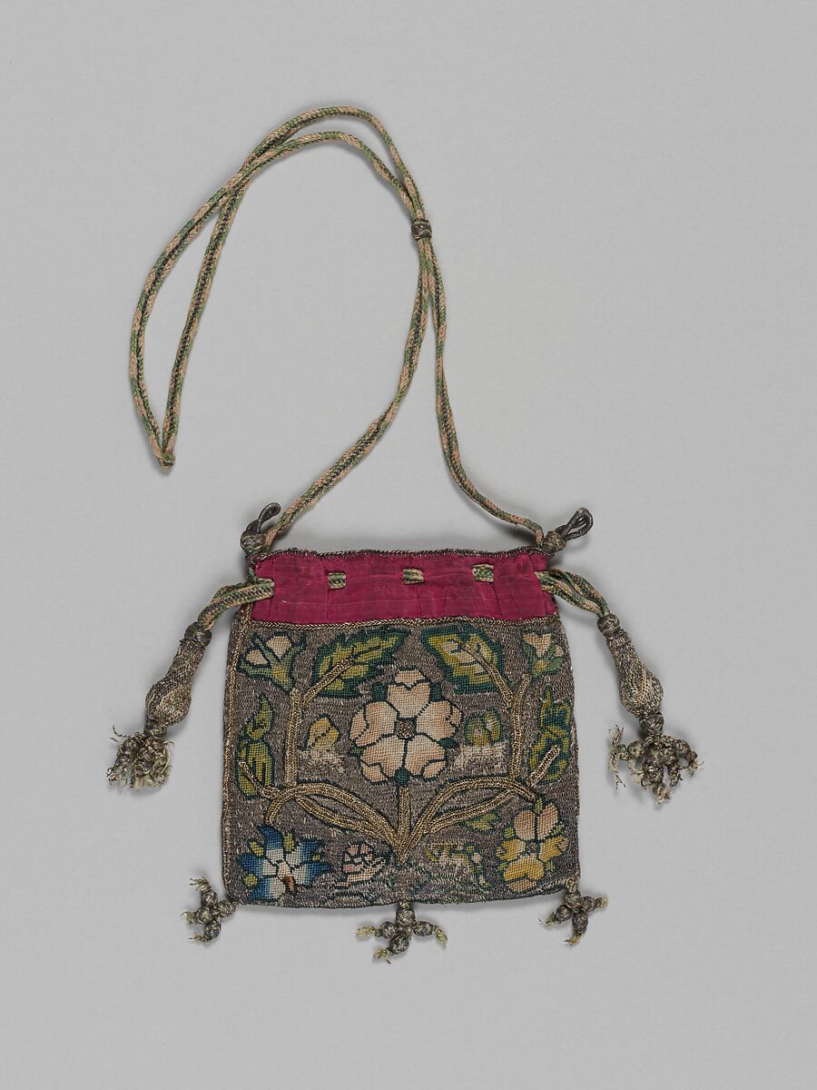 Bag, Canvas embroidered with silk and silver thread, British 