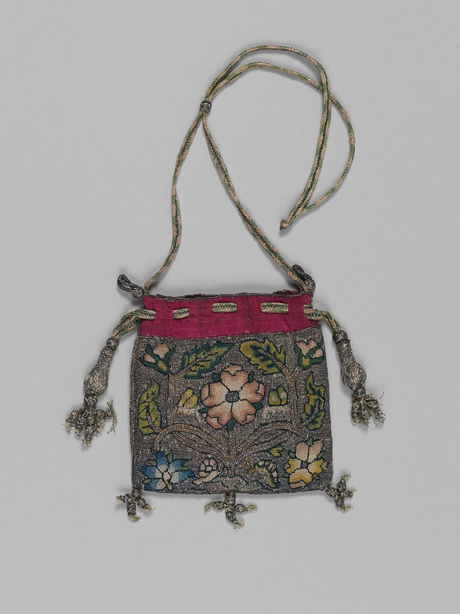 Bag, Canvas embroidered with silk and silver thread, British