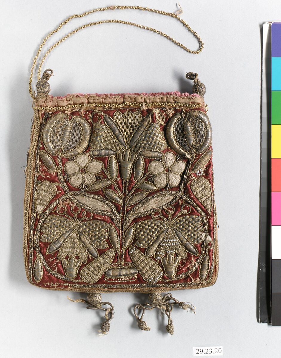Bag, Metal thread on silk, British