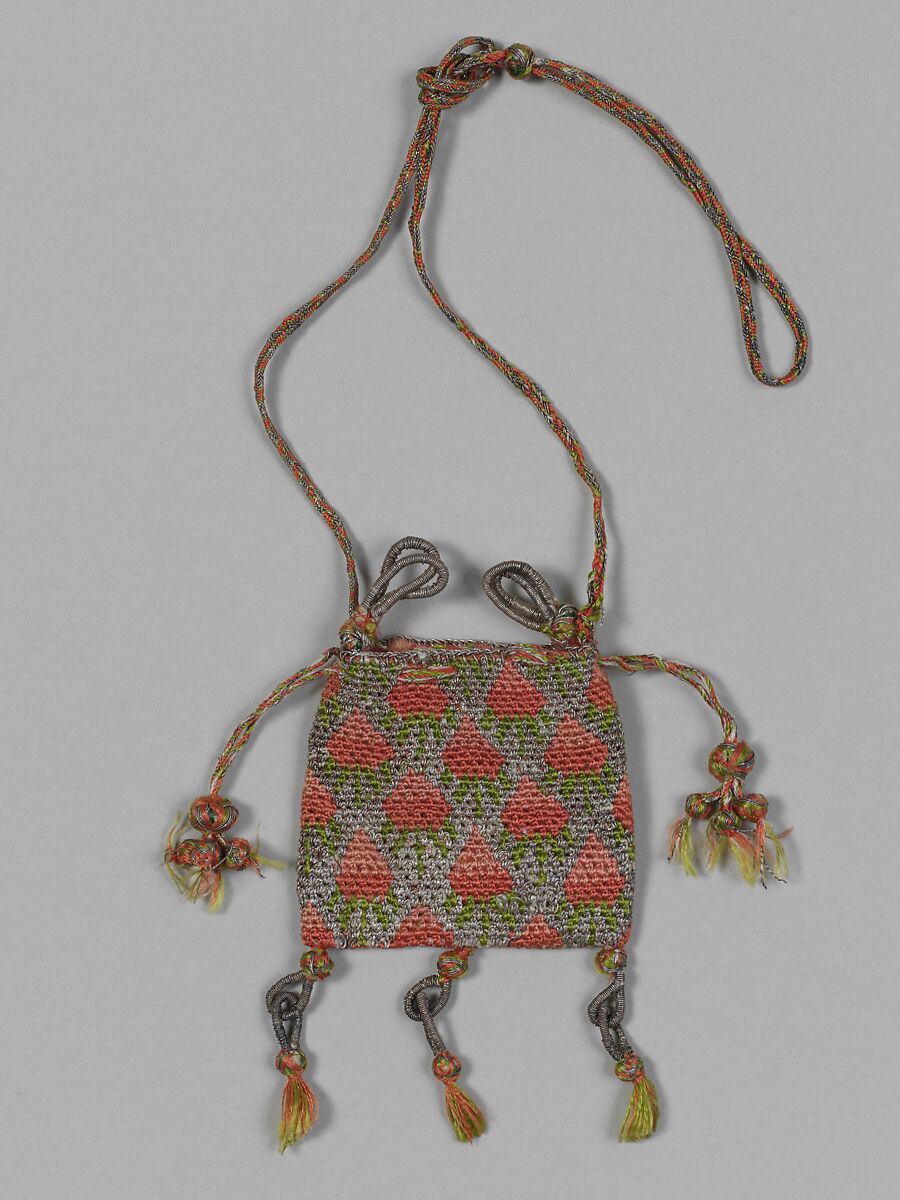 Needle lace purse, Silk and metal thread, British