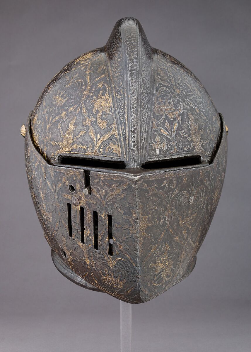 Close-Helmet for the Tournament on Foot, the Master of the Castle Mark (Italian, Milan, active ca. 1590–1620), Steel, gold, Italian, Milan