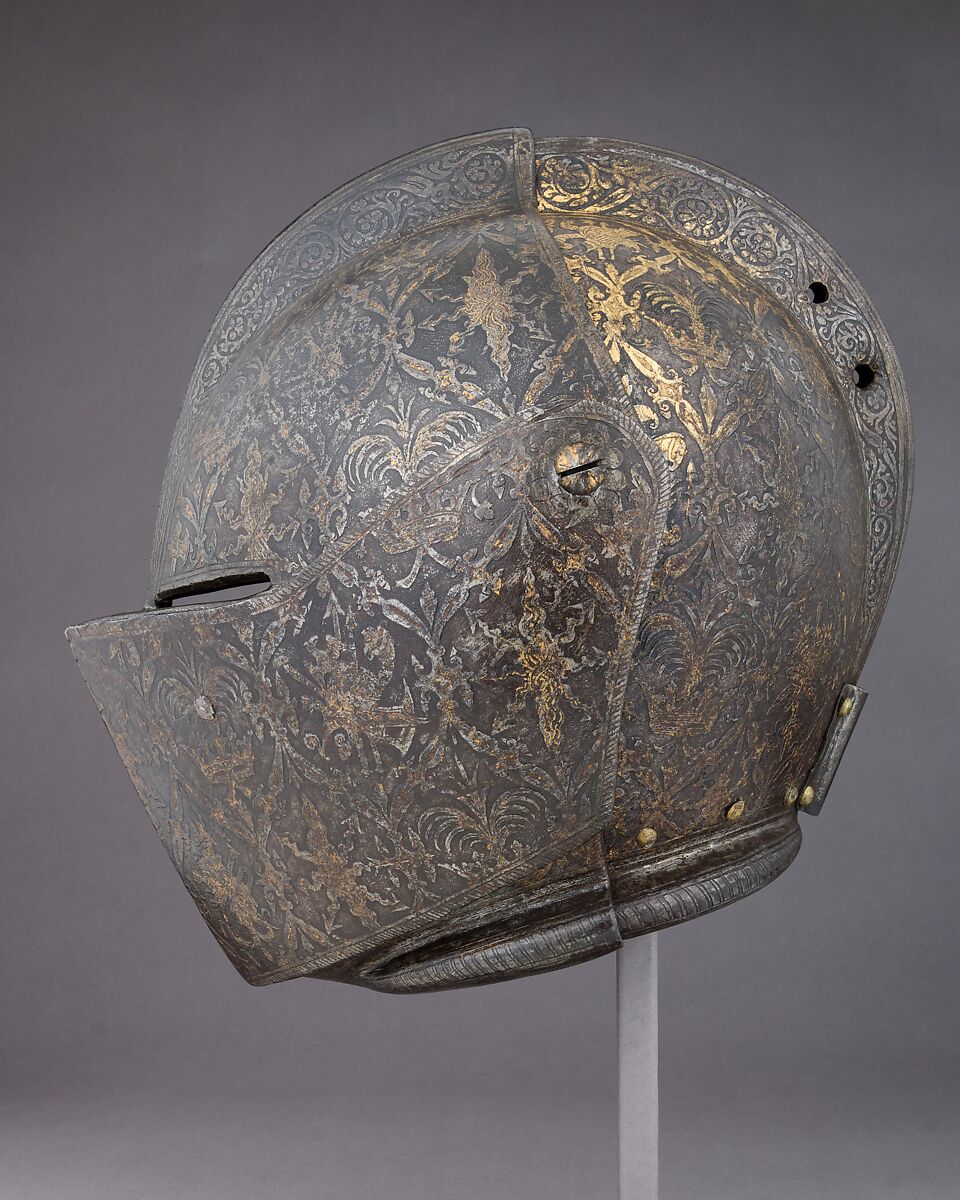 Close-Helmet for the Tournament on Foot, the Master of the Castle Mark (Italian, Milan, active ca. 1590–1620), Steel, gold, Italian, Milan