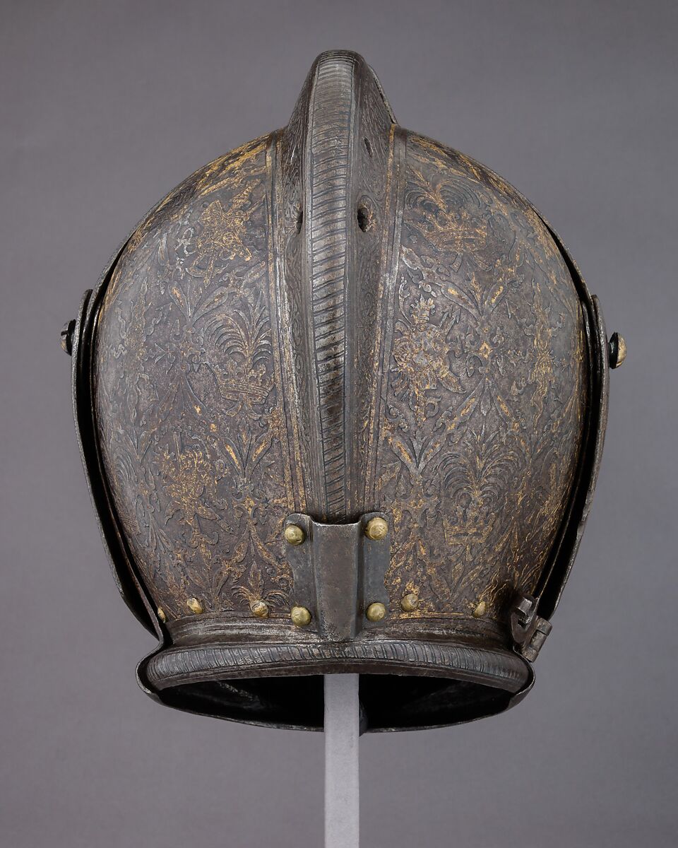 Close-Helmet for the Tournament on Foot, the Master of the Castle Mark (Italian, Milan, active ca. 1590–1620), Steel, gold, Italian, Milan