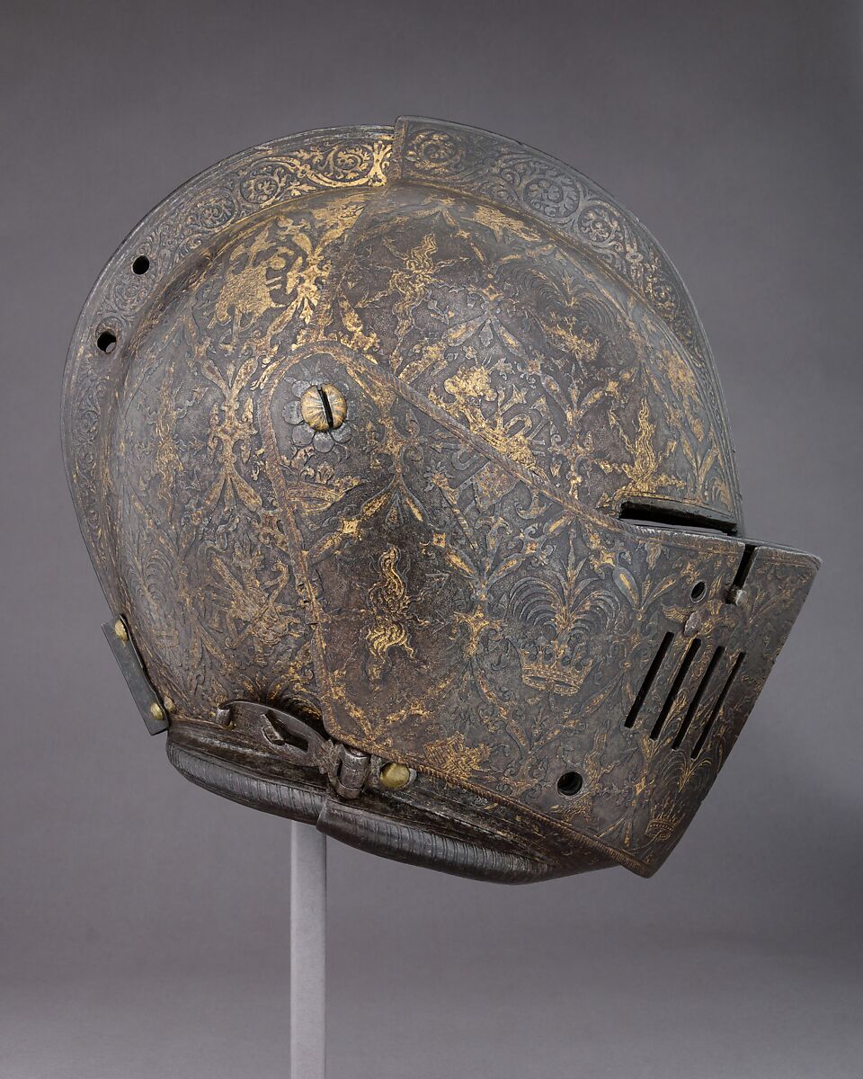 Close-Helmet for the Tournament on Foot, the Master of the Castle Mark (Italian, Milan, active ca. 1590–1620), Steel, gold, Italian, Milan