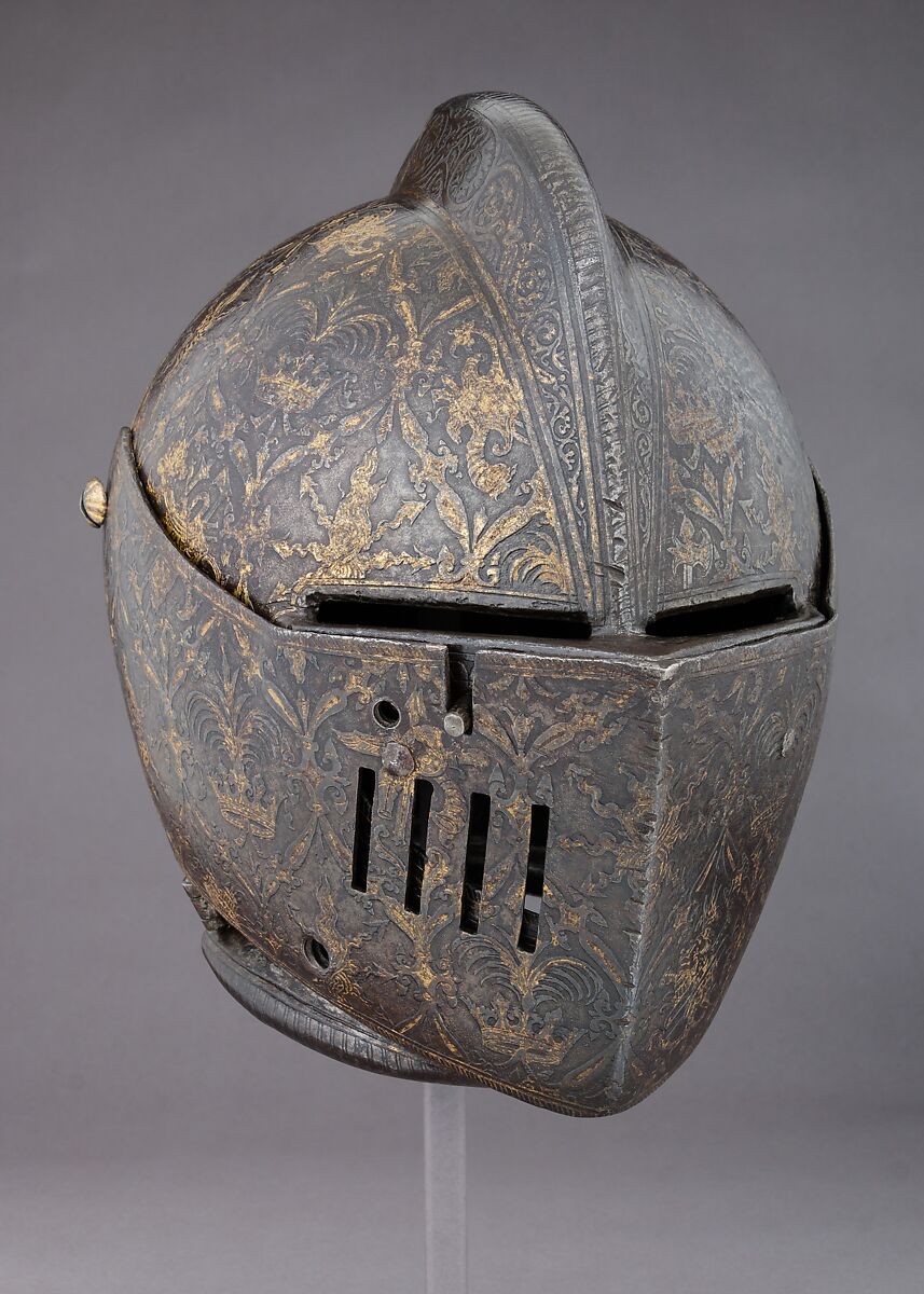 Close-Helmet for the Tournament on Foot, the Master of the Castle Mark (Italian, Milan, active ca. 1590–1620), Steel, gold, Italian, Milan 