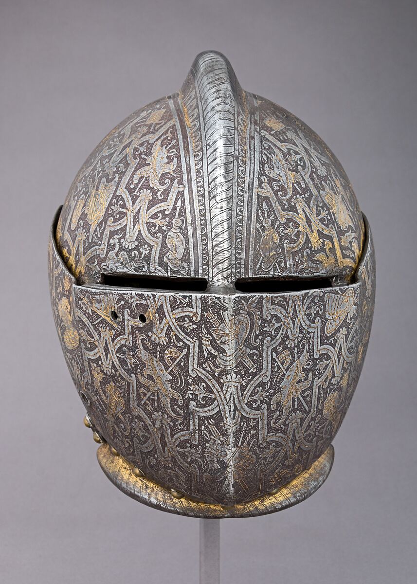 Close Helmet for Foot Combat, Steel, gold, leather, brass, Italian, Milan