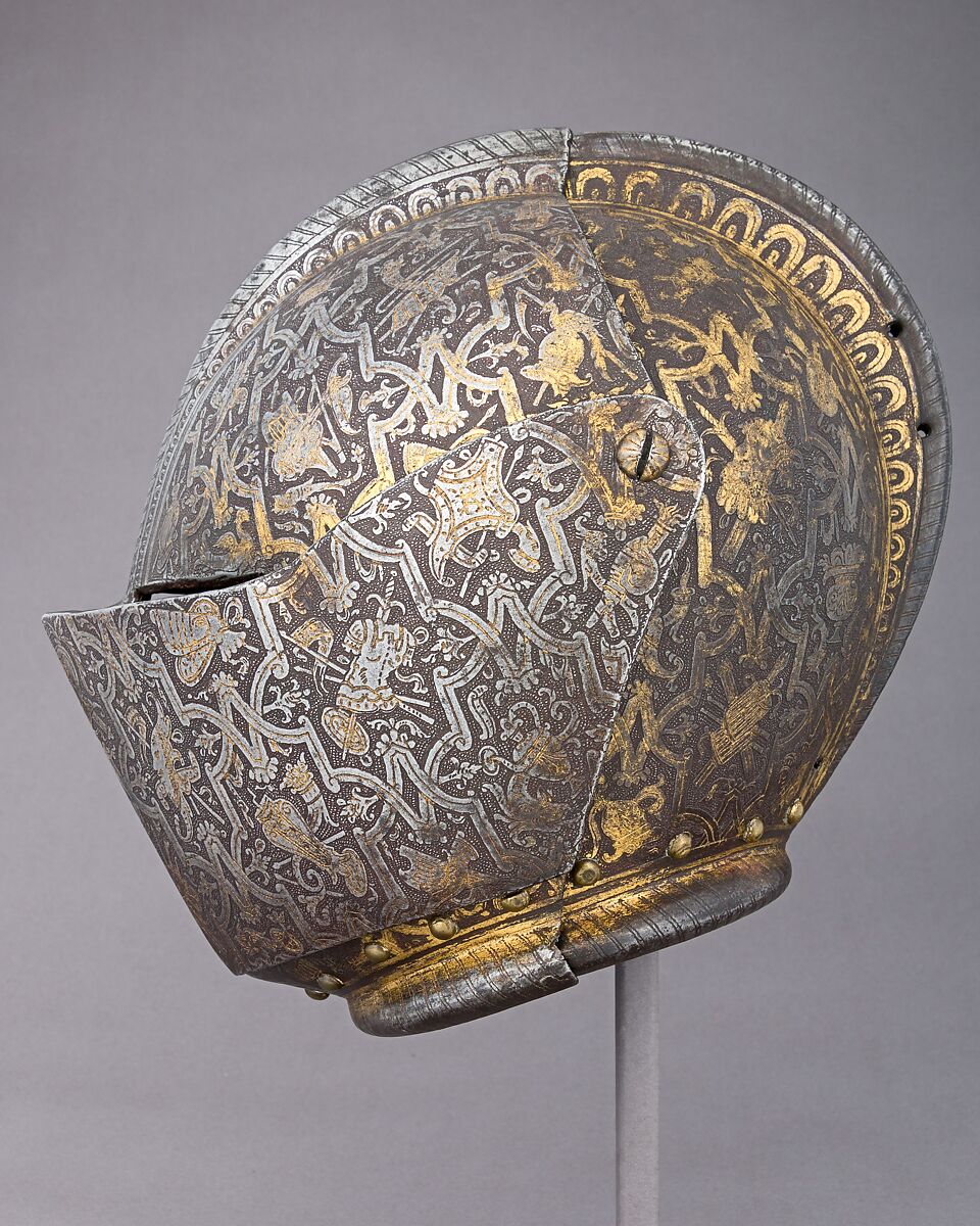 Close Helmet for Foot Combat, Steel, gold, leather, brass, Italian, Milan