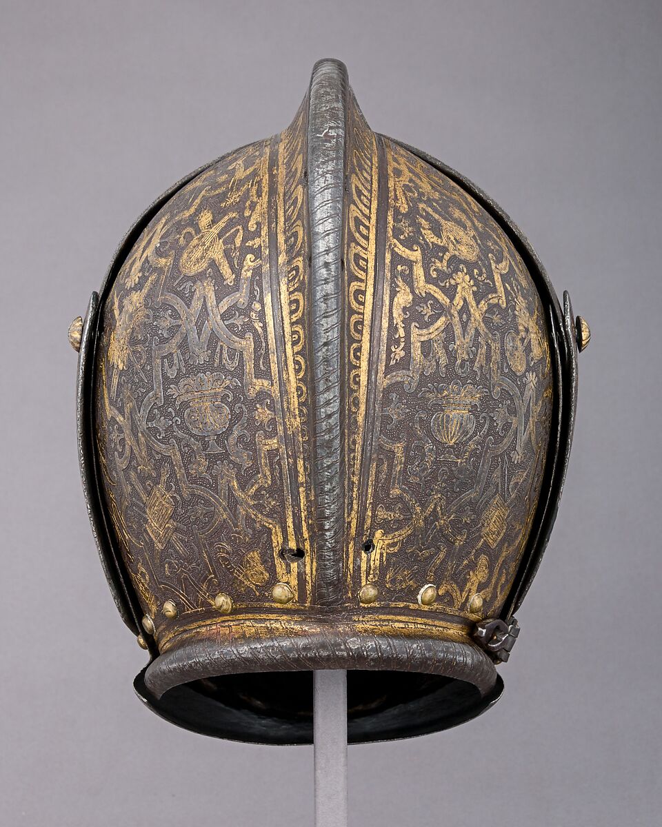 Close Helmet for Foot Combat, Steel, gold, leather, brass, Italian, Milan