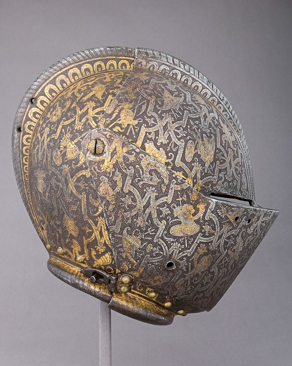 Close Helmet for Foot Combat, Steel, gold, leather, brass, Italian, Milan