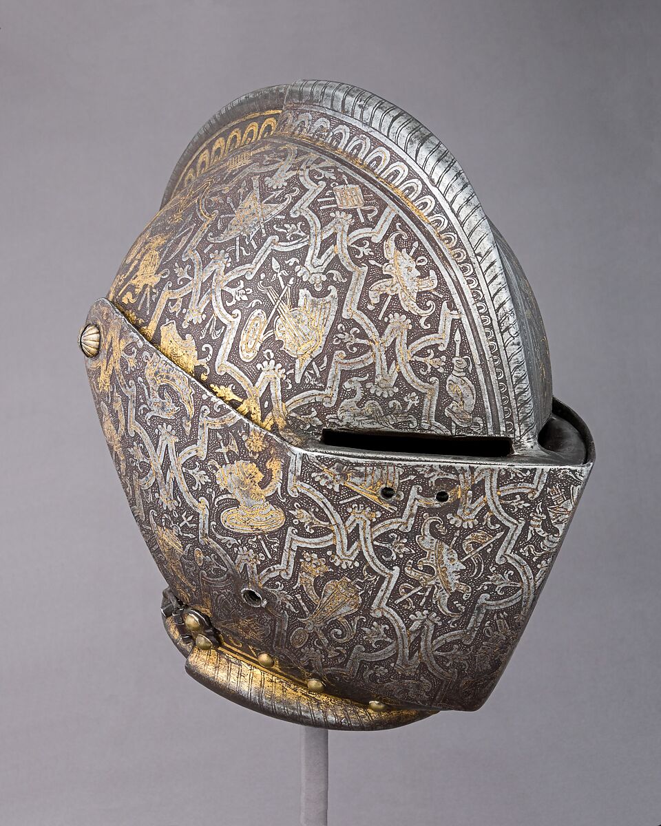 Close Helmet for Foot Combat, Steel, gold, leather, brass, Italian, Milan 