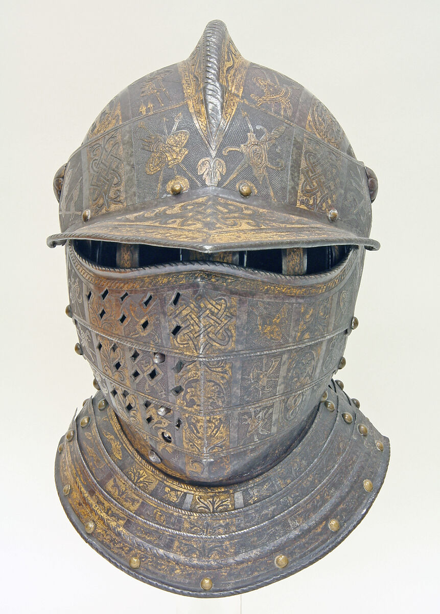 Close Helmet with Falling Buffe, Attributed to Pompeo della Cesa (Italian, Milan, ca. 1537–1610), Steel, gold, Italian, Milan