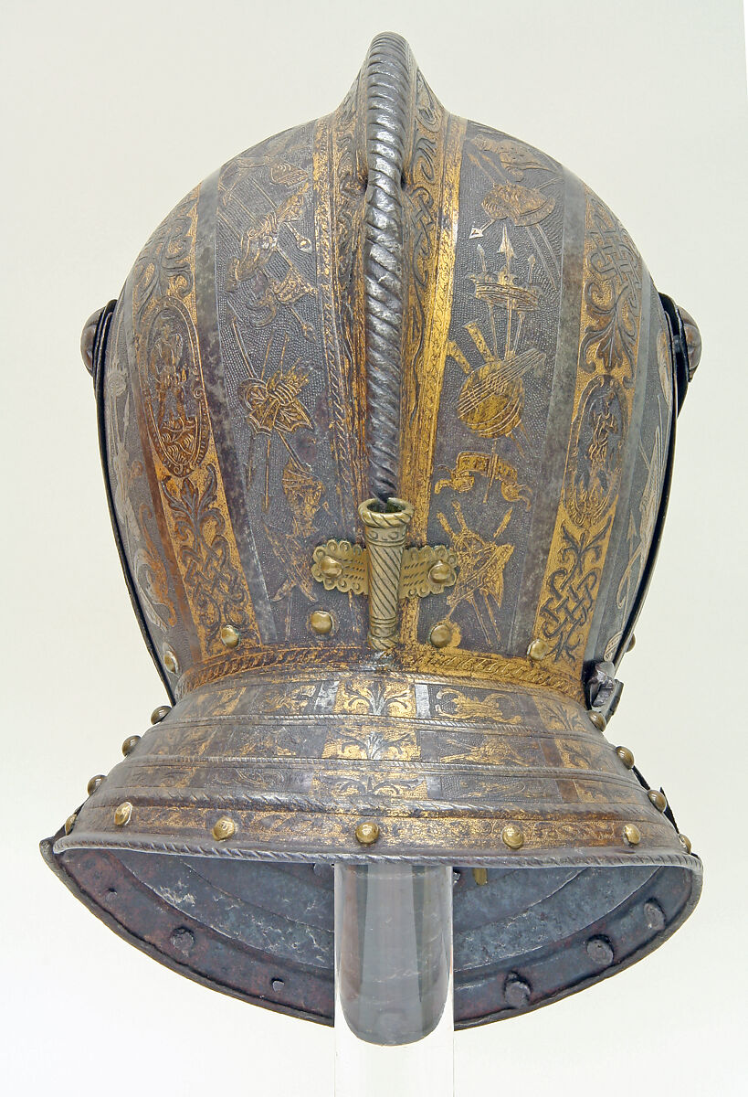 Close Helmet with Falling Buffe, Attributed to Pompeo della Cesa (Italian, Milan, ca. 1537–1610), Steel, gold, Italian, Milan