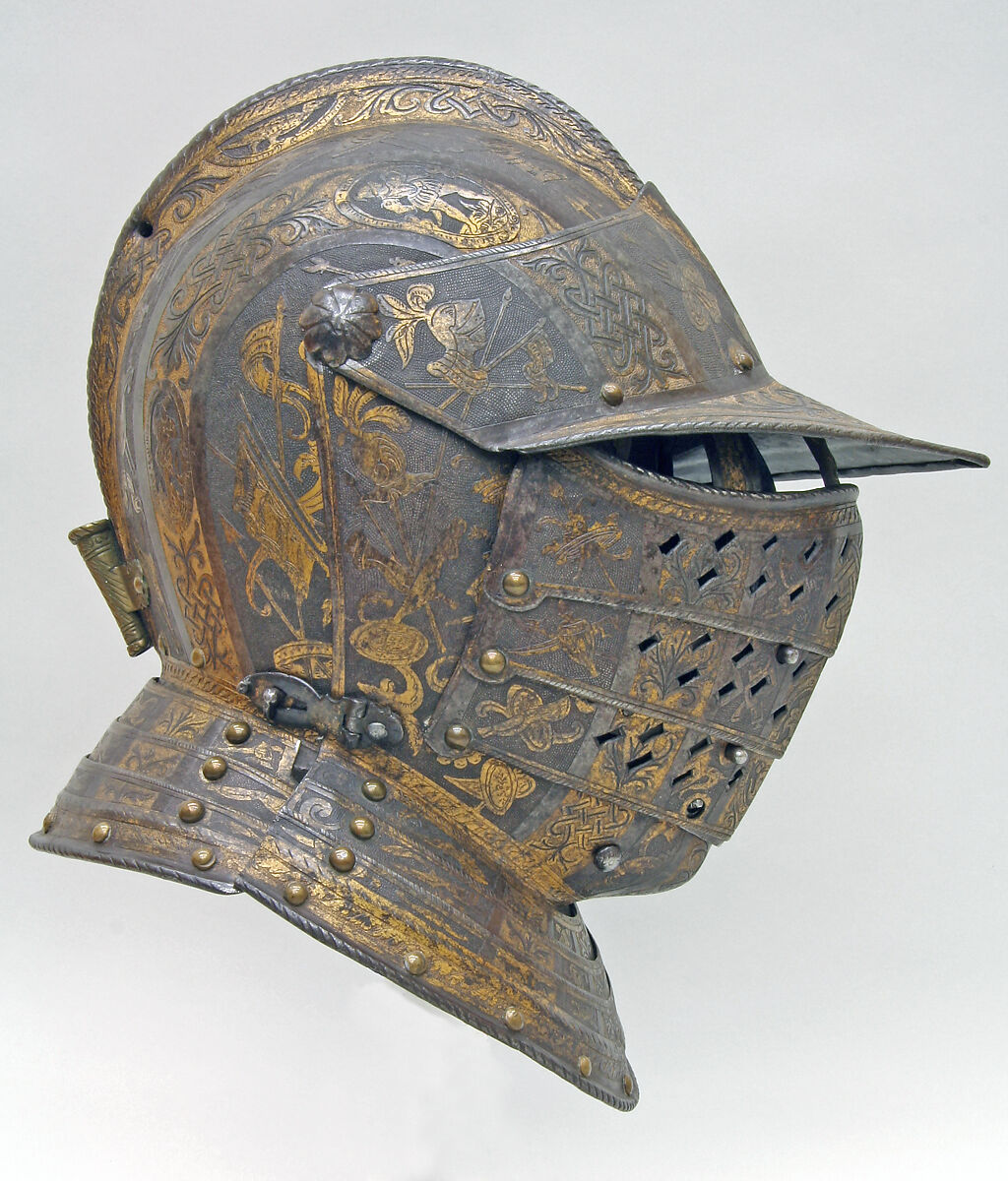 Close Helmet with Falling Buffe, Attributed to Pompeo della Cesa (Italian, Milan, ca. 1537–1610), Steel, gold, Italian, Milan