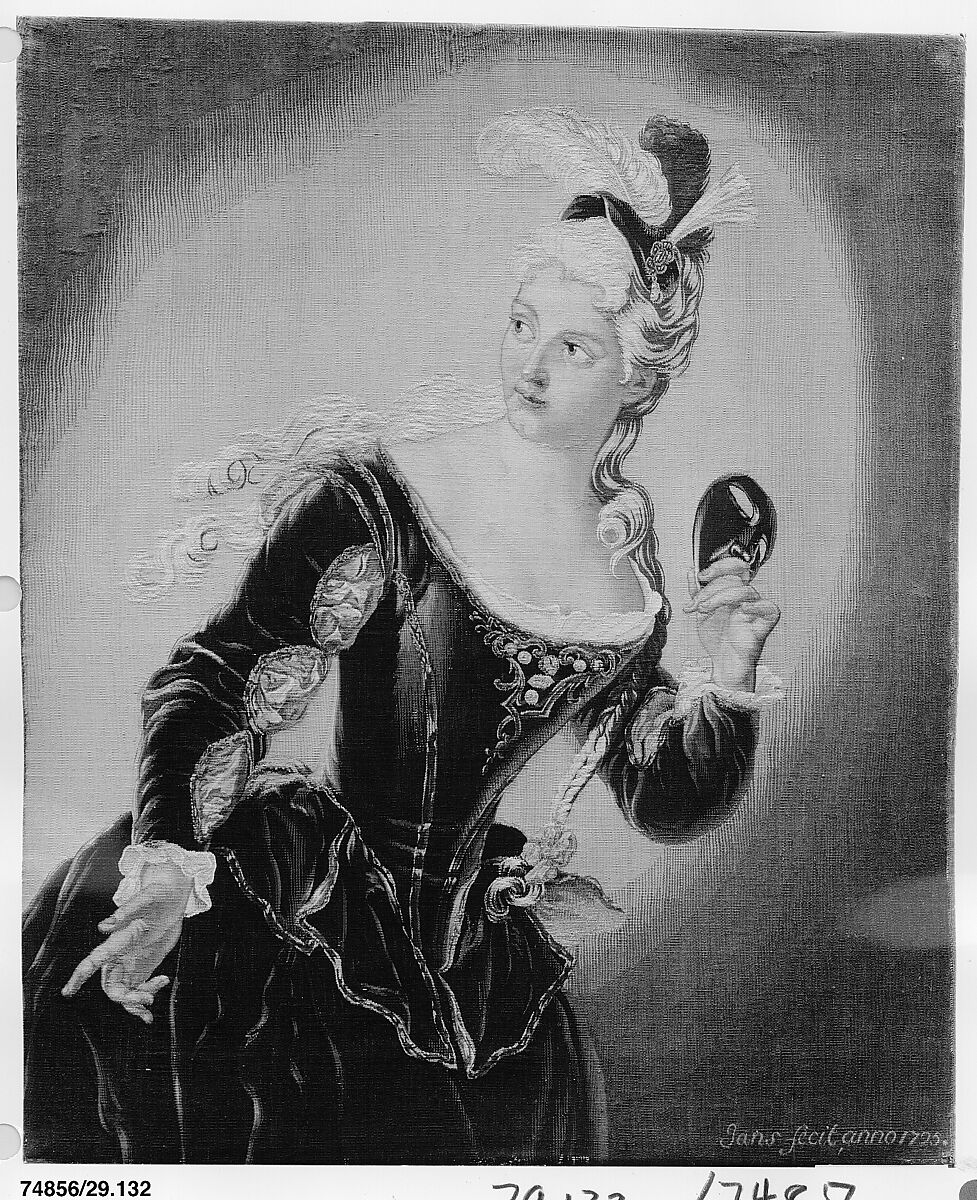 Young Woman Holding a Mask, After a painting by Jean-Baptiste Santerre (French, 1651–1717), Wool, silk (22-26 warps per inch, 9-10 per cm.), French, Paris 