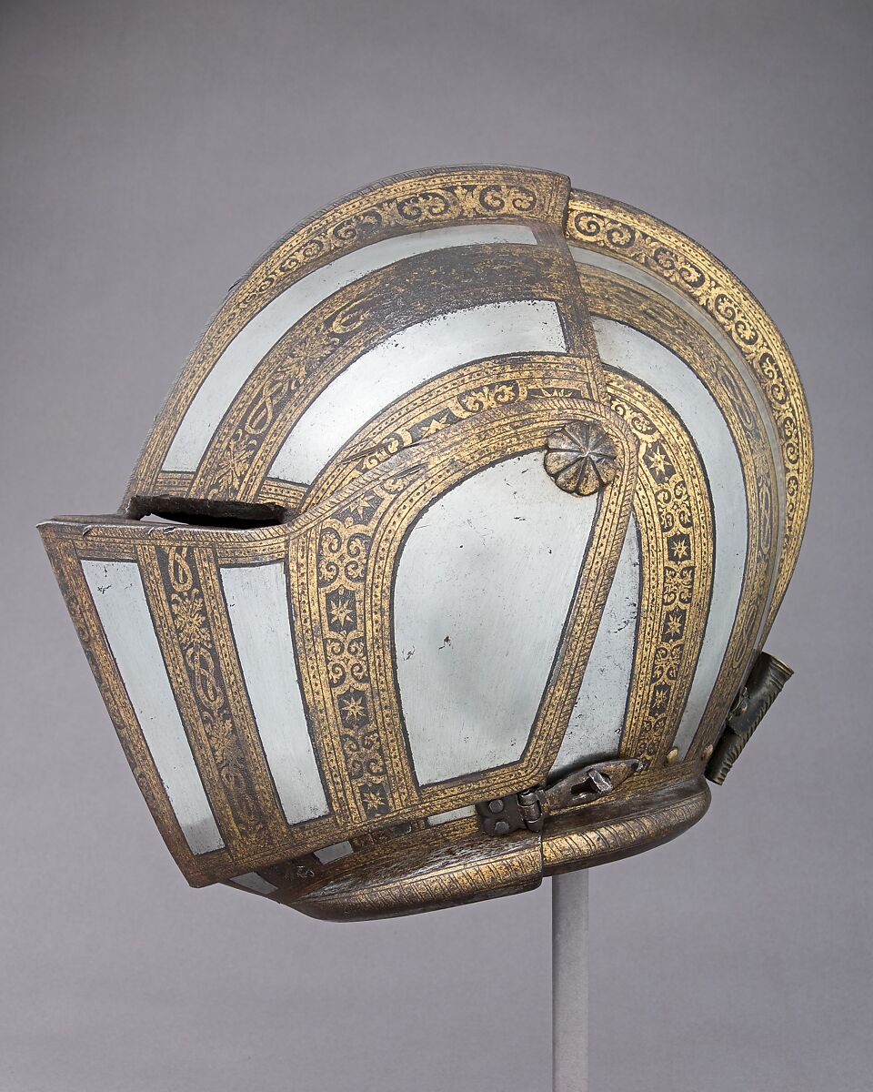 Close Helmet for Foot Combat, Attributed to the Master of the Castle Mark (Italian, Milan, active ca. 1590–1620), Steel, gold, leather, Italian, Milan